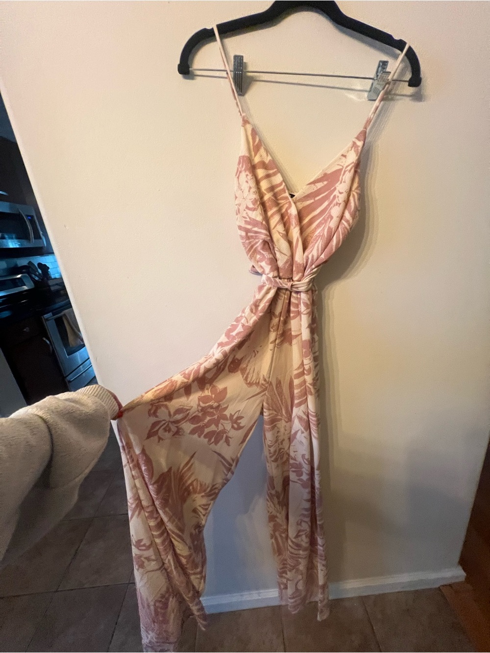 Tropical Floral Tie waist Jumpsuit in Blush & Cream - Women's